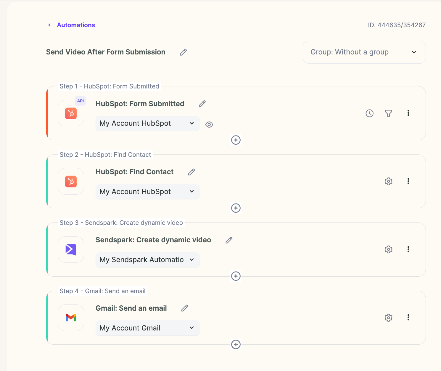 Completed workflow with HubSpot form trigger, find contact, video, and Gmail steps