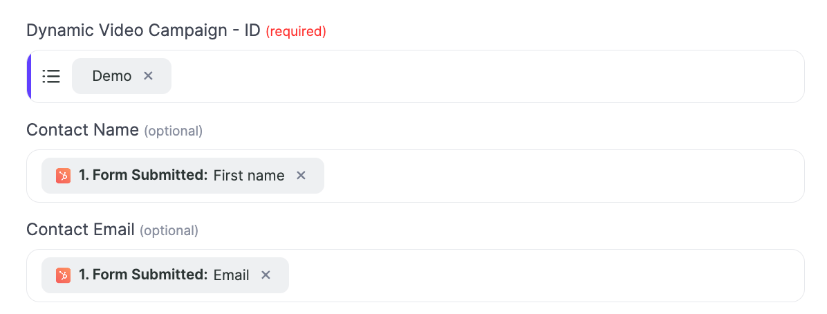 Form Submitted first name and email fields mapped into the video campaign