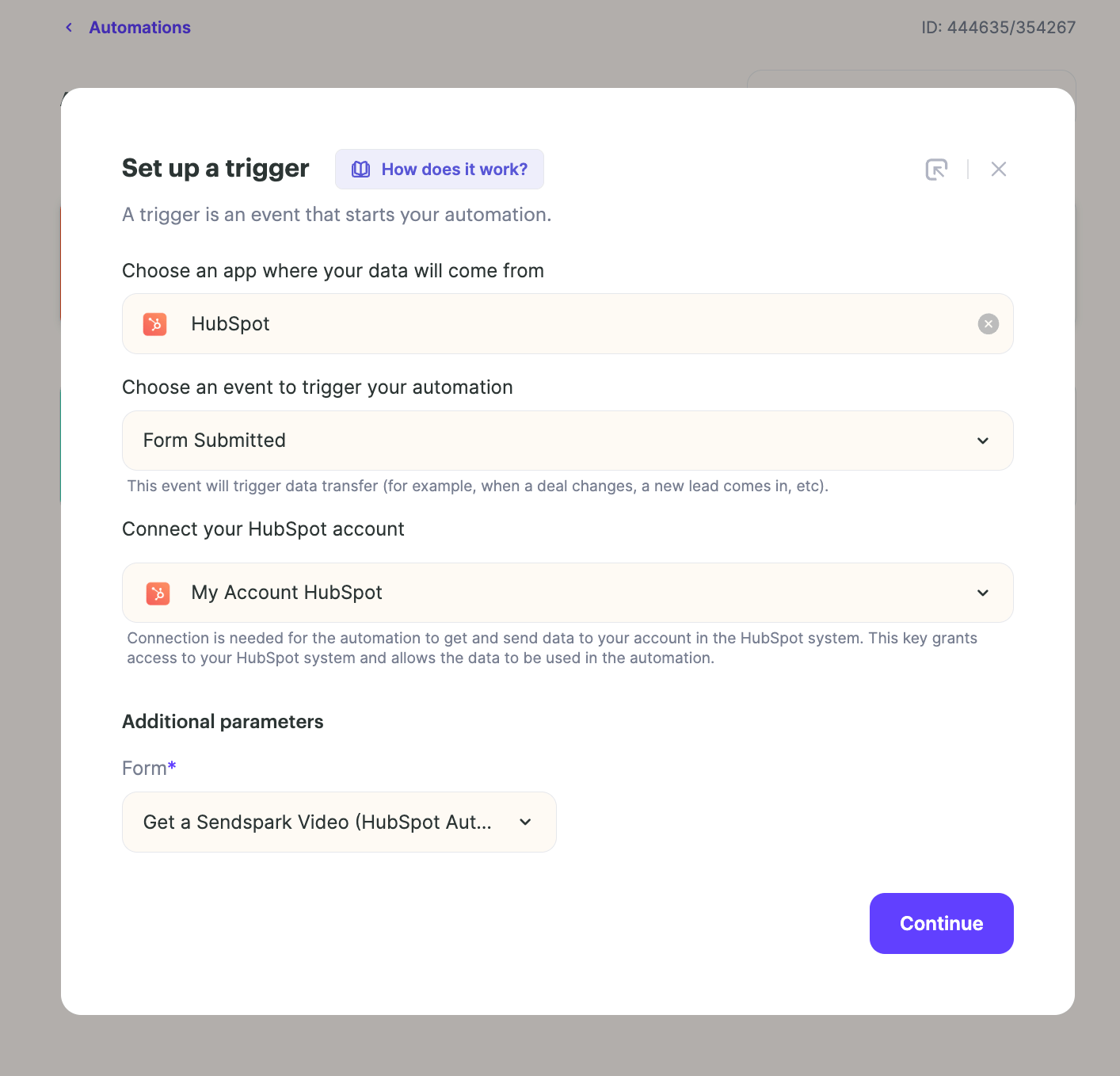Trigger setup with HubSpot Form Submitted event and specific form selected
