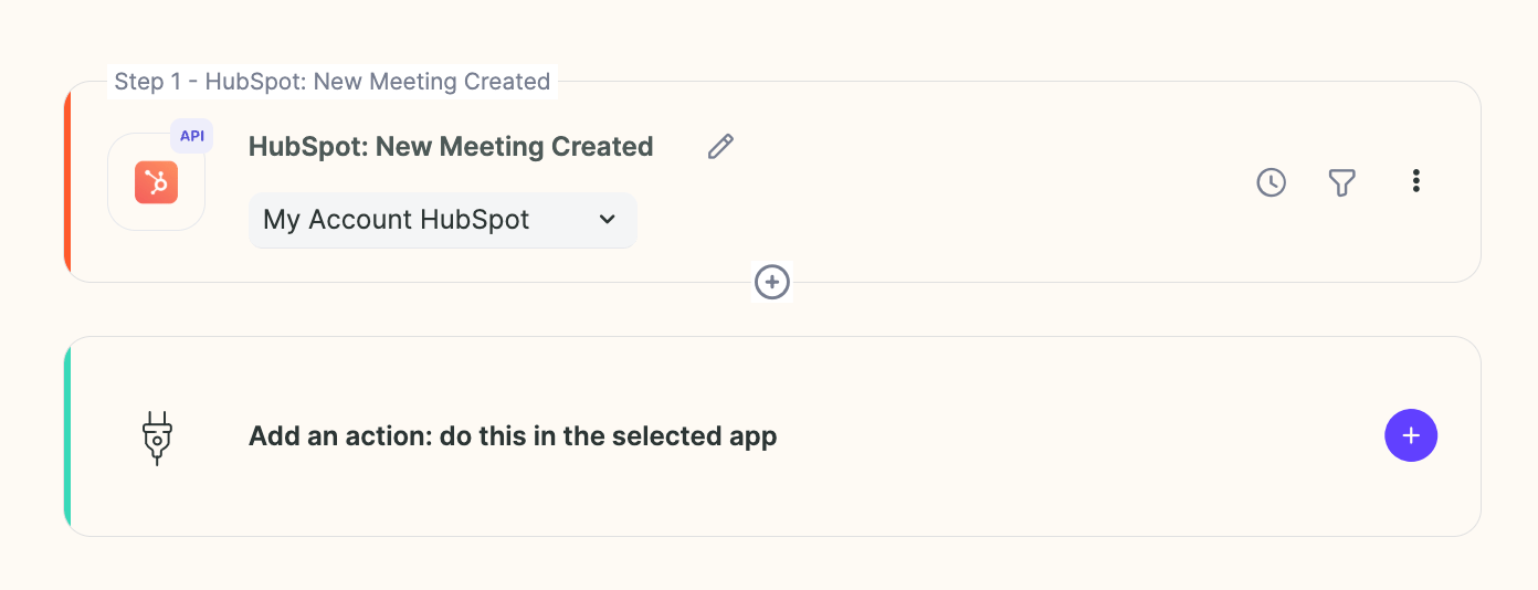 HubSpot integration trigger menu displaying New Meeting Created event