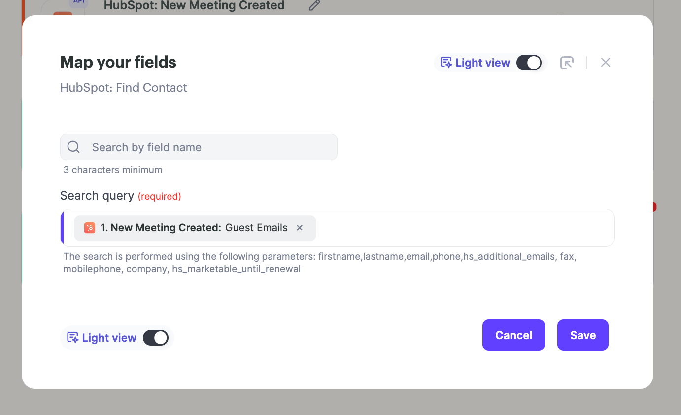 Guest Emails field selection for HubSpot contact lookup