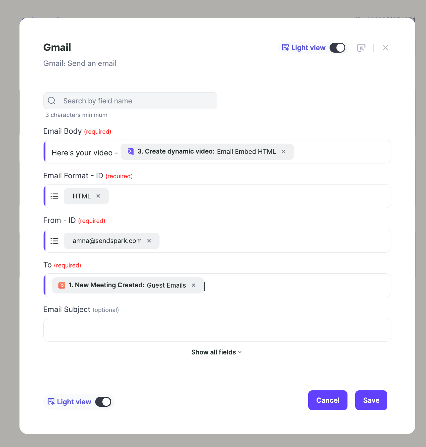 Action options for sending video via Gmail or Outreach