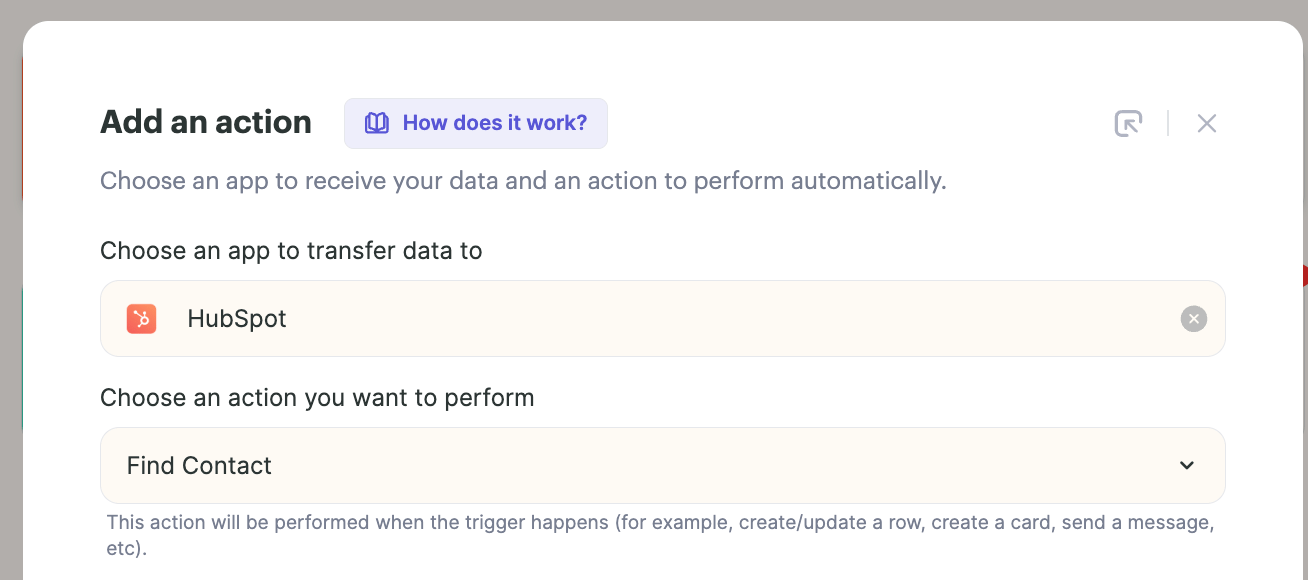 HubSpot Find Contact action setup in workflow builder