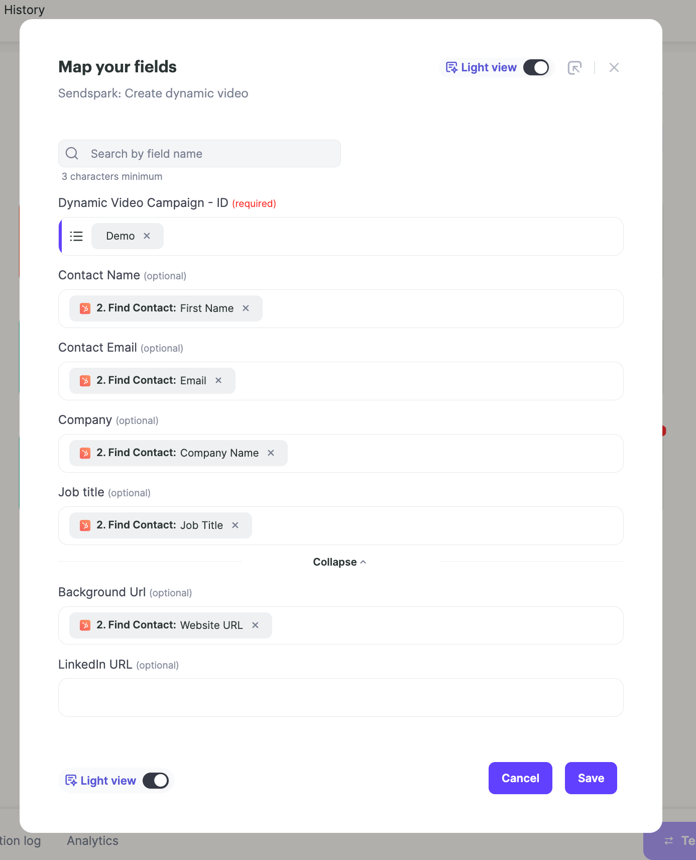 Contact field mapping interface for personalizing video content