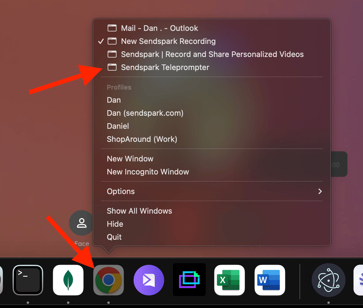 Right-click context menu on Chrome icon showing Teleprompter selection option