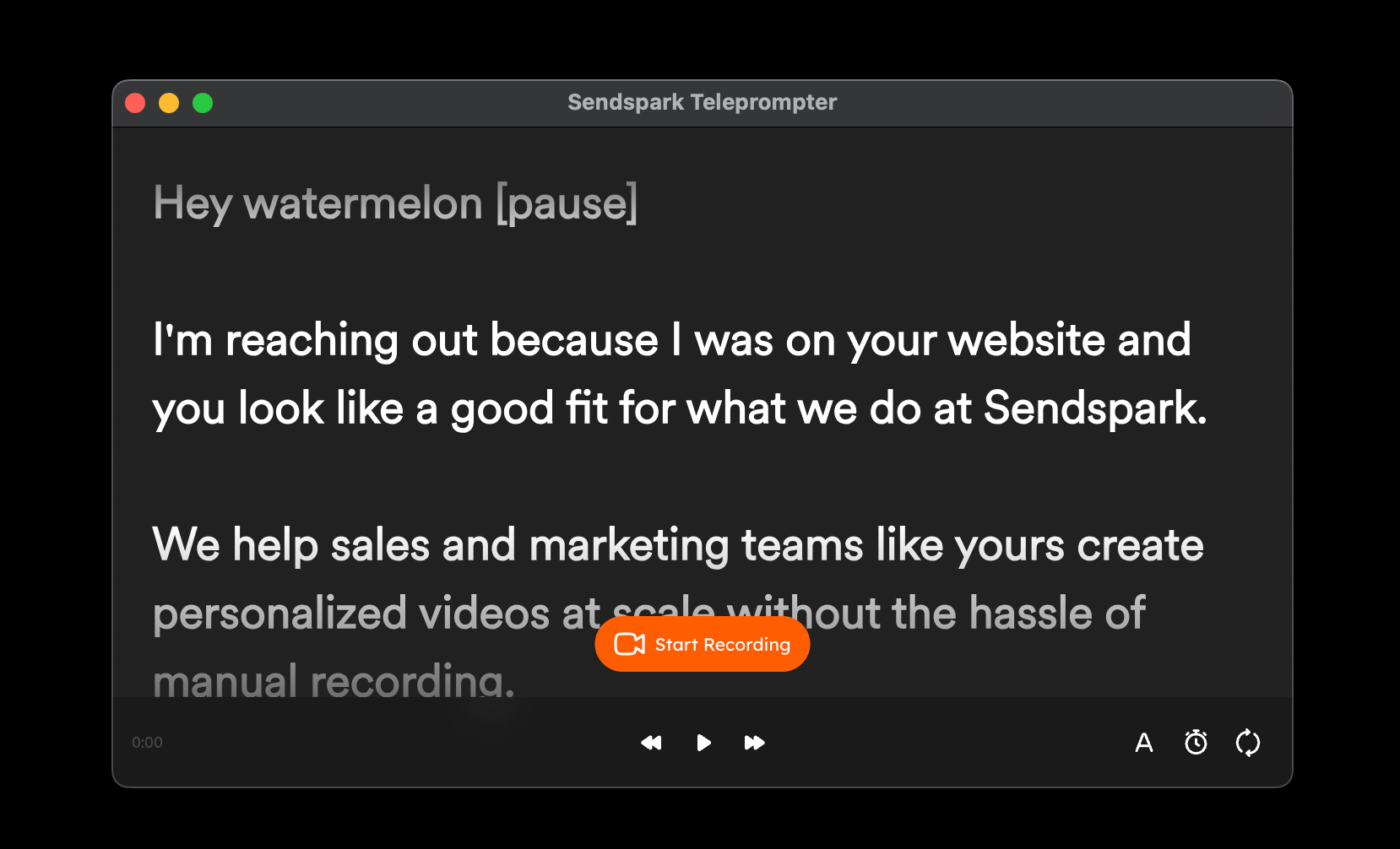Sendspark Teleprompter window showing script text and Start Recording button