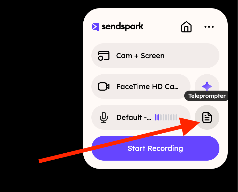 Sendspark extension with red arrow pointing to the Teleprompter document icon