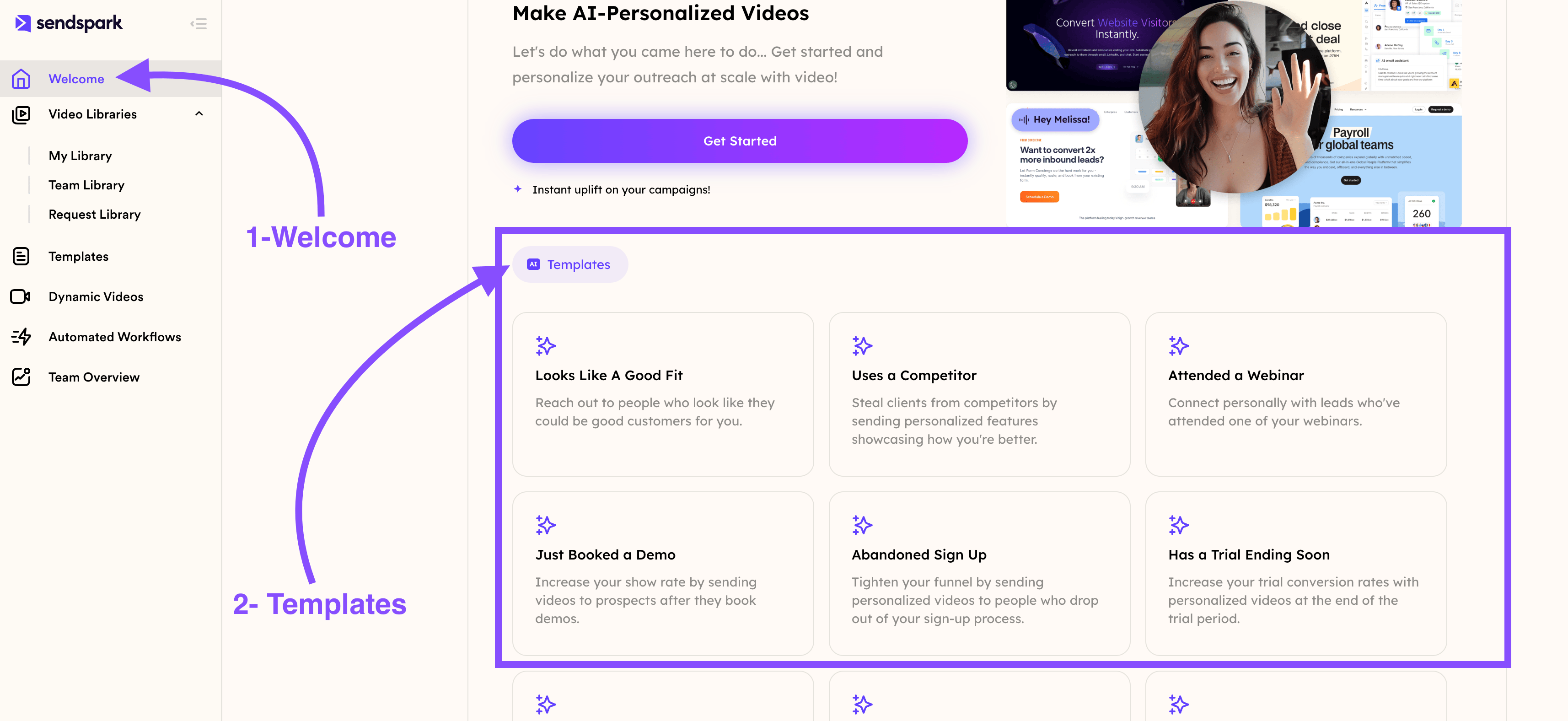 Welcome section displaying available video script templates
