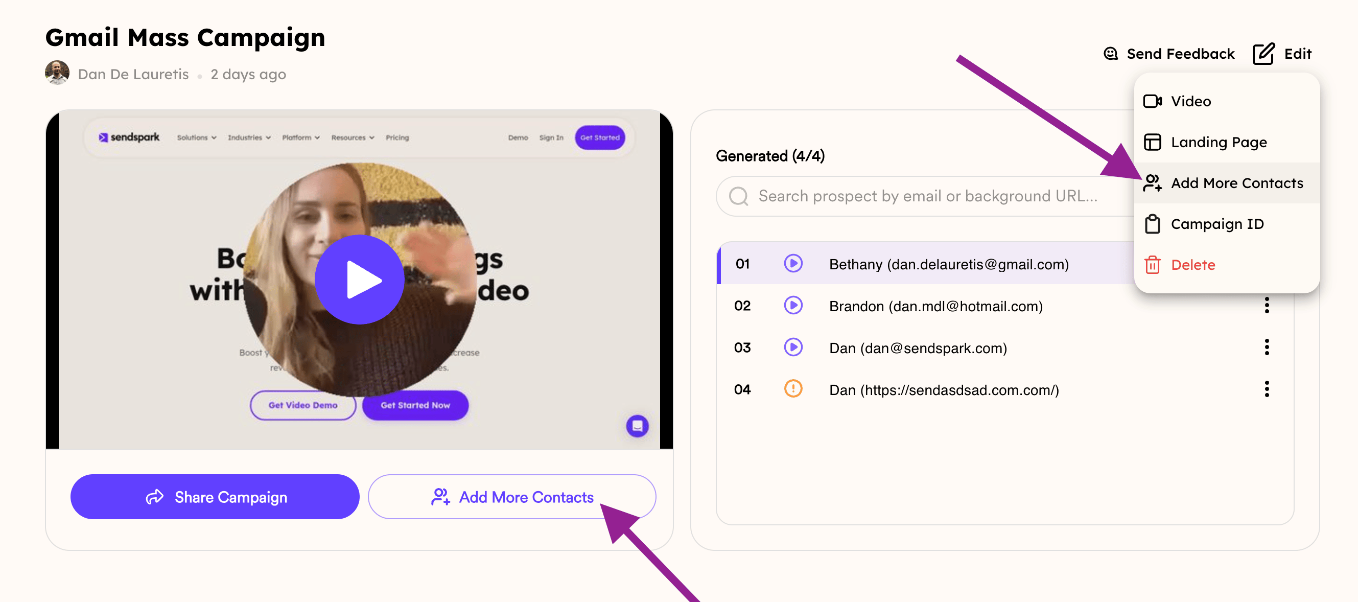 A campaign's overflow menu, listing its video, landing page, contacts and campaign ID