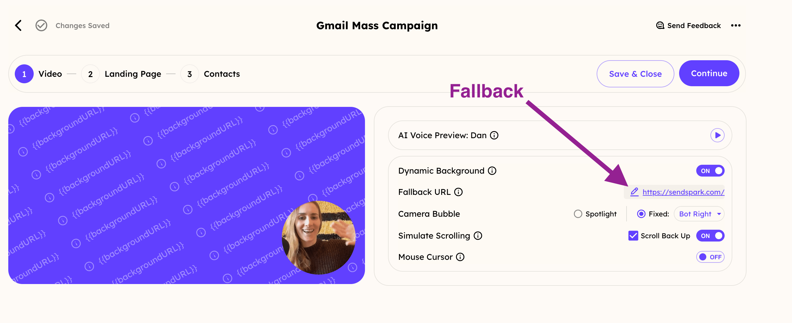 Dynamic Video Campaign setup form with Fallback URL field highlighted