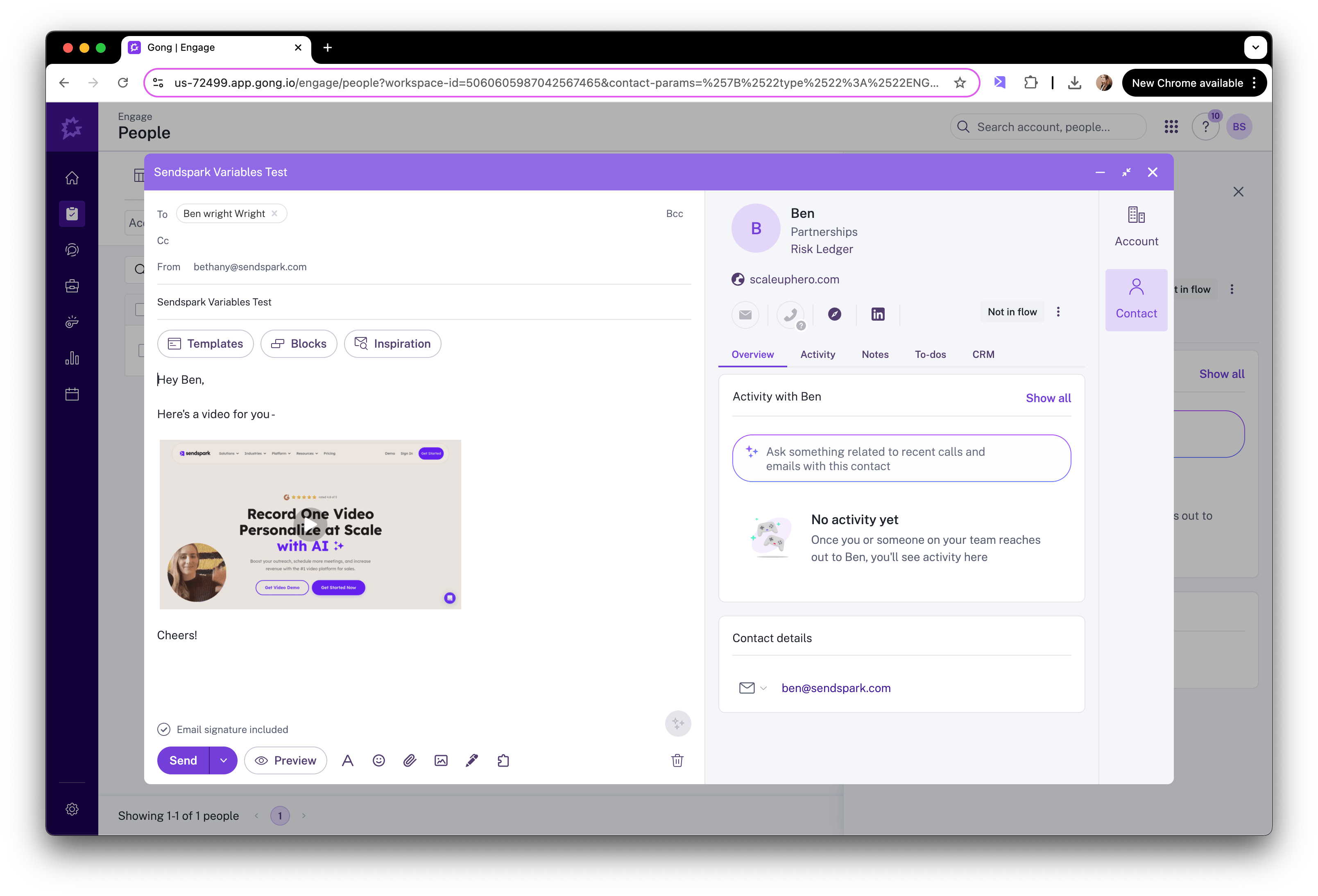 Gong Engage email preview displaying personalized video from Sendspark