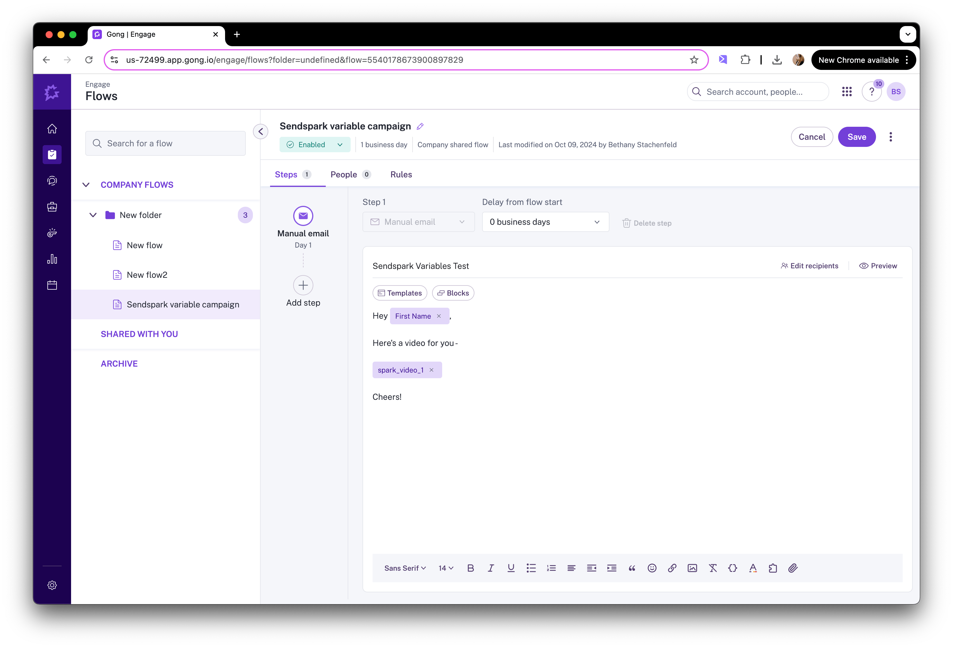 Gong Engage email editor with CRM field containing Sendspark video embed