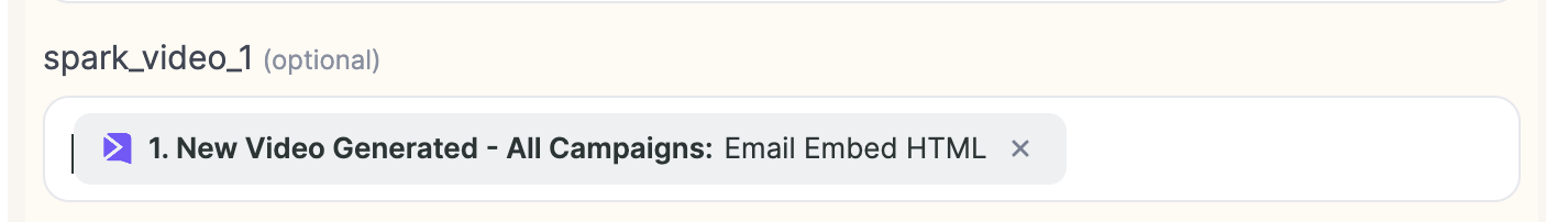 Field mapping interface showing Sendspark HTML embed snippet to CRM field