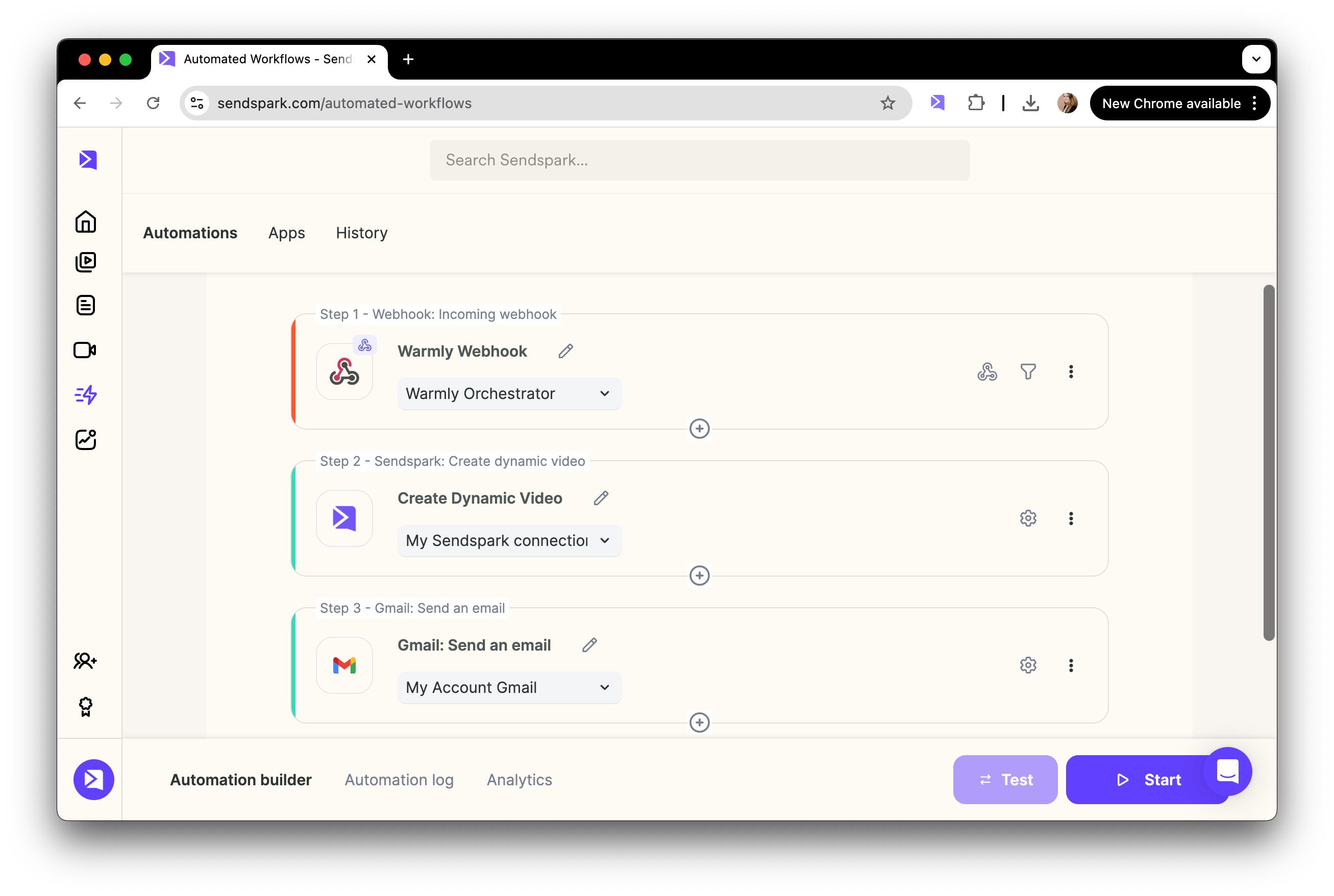 Sendspark workflow action panel linking to dynamic video campaign
