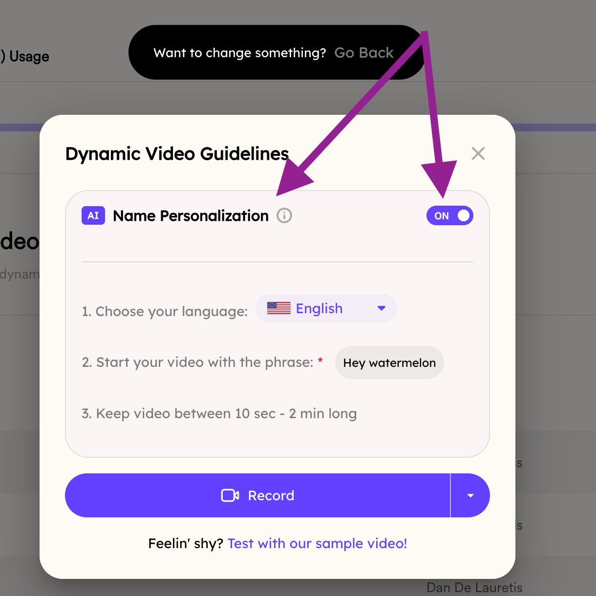 Create Dynamic Video button with name personalization toggle turned off