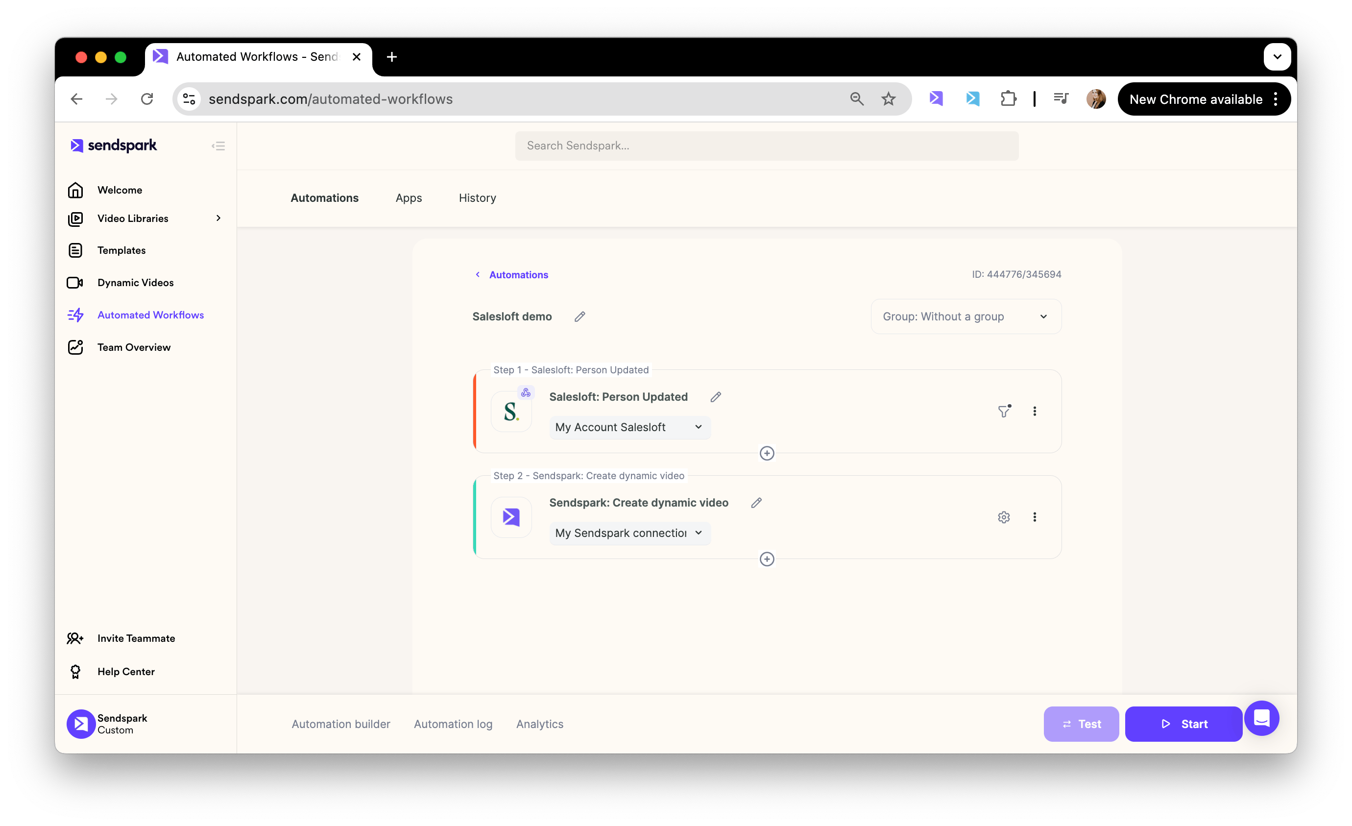 Sendspark workflow Start button to activate the automation workflow