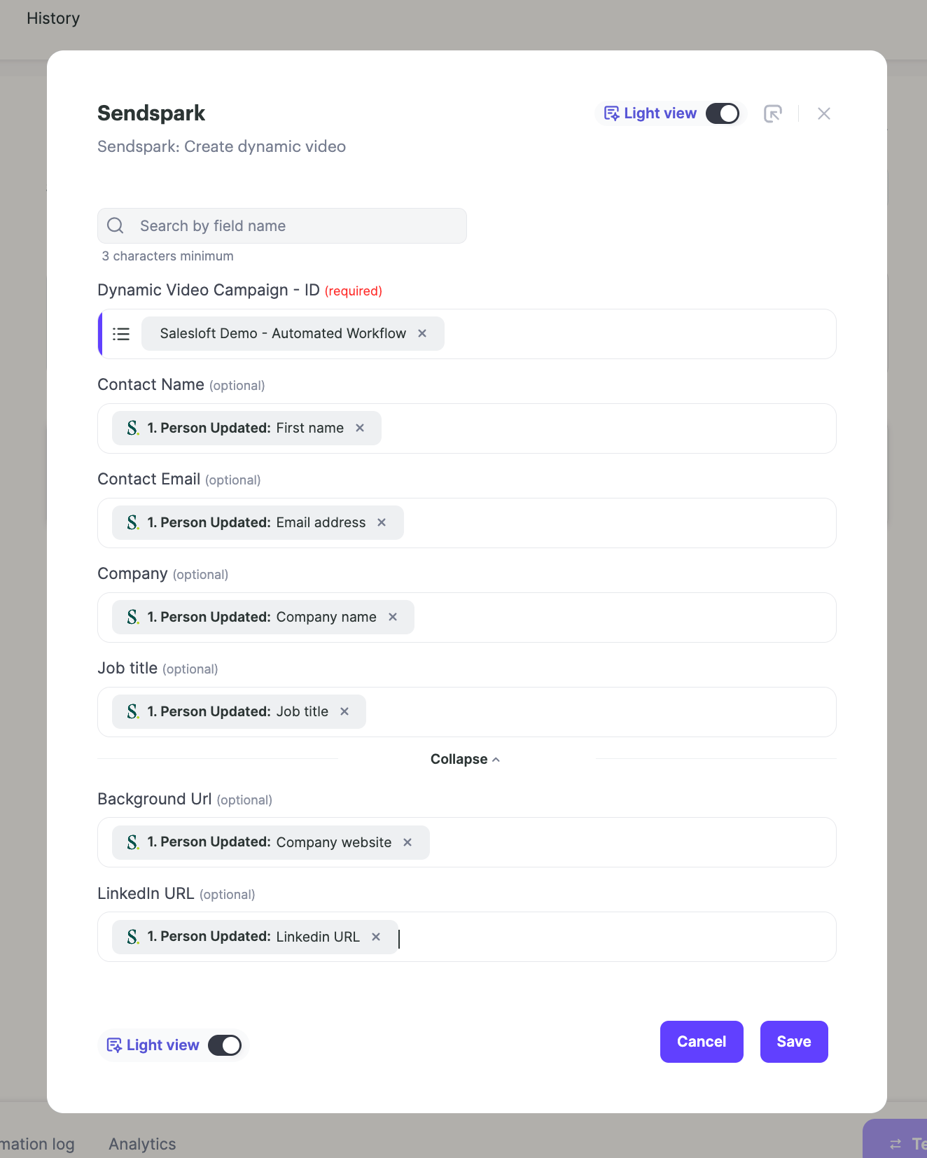 Sendspark workflow field mapping interface connecting Salesloft to Sendspark data