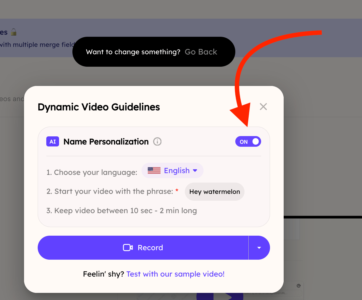 Dynamic Video Guidelines with Name Personalization toggle set to ON