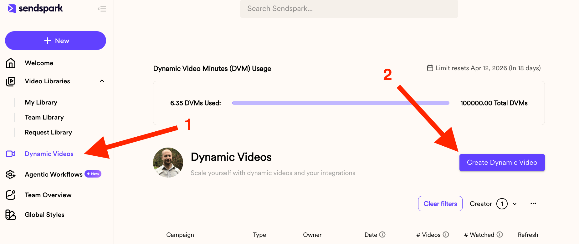Dynamic Videos page with the Create Dynamic Video button highlighted
