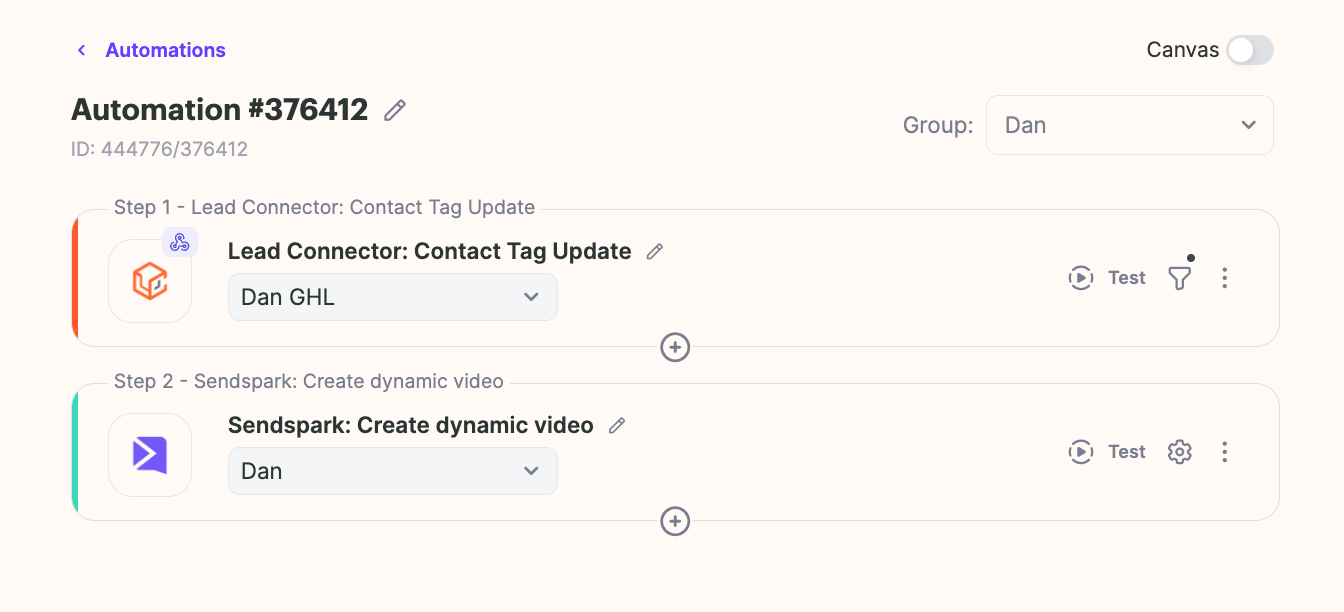 Automation with Lead Connector Contact Tag Update trigger and Sendspark video step