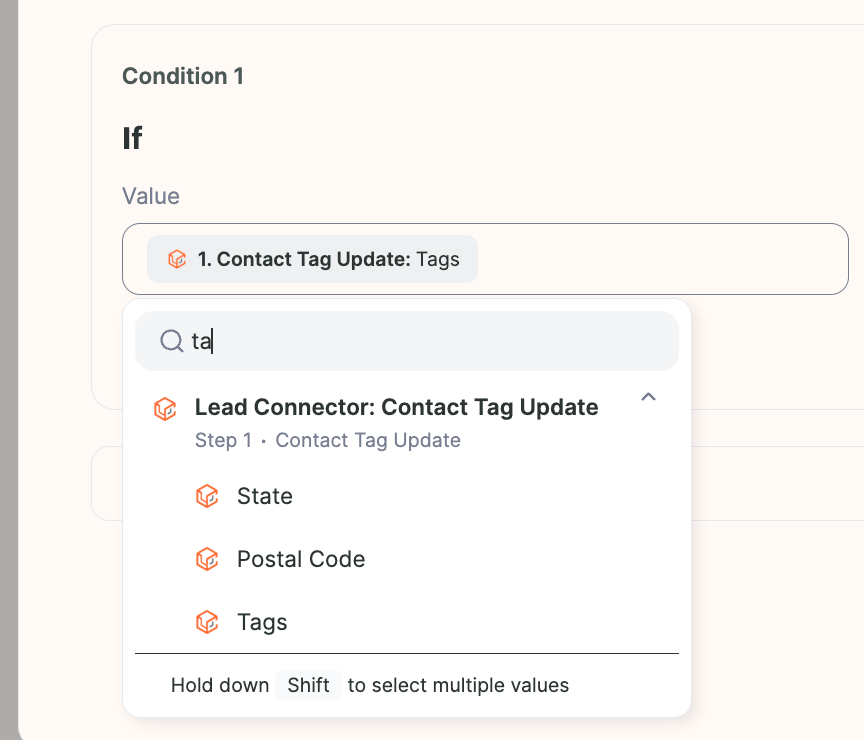 Condition value dropdown selecting Tags from Contact Tag Update step