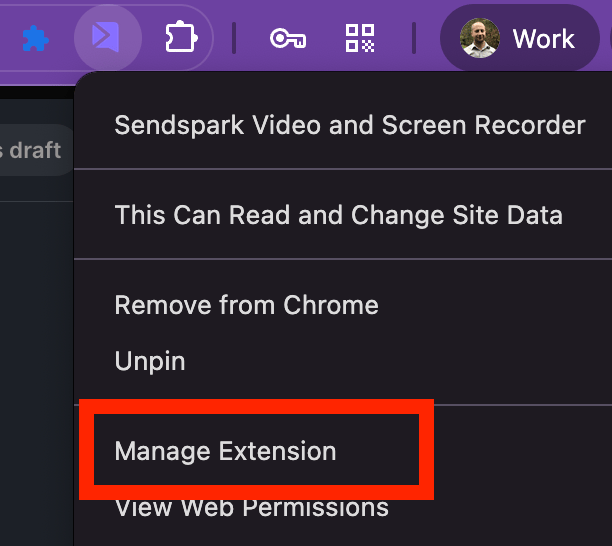 Sendspark extension right-click menu highlighting the Manage Extension option