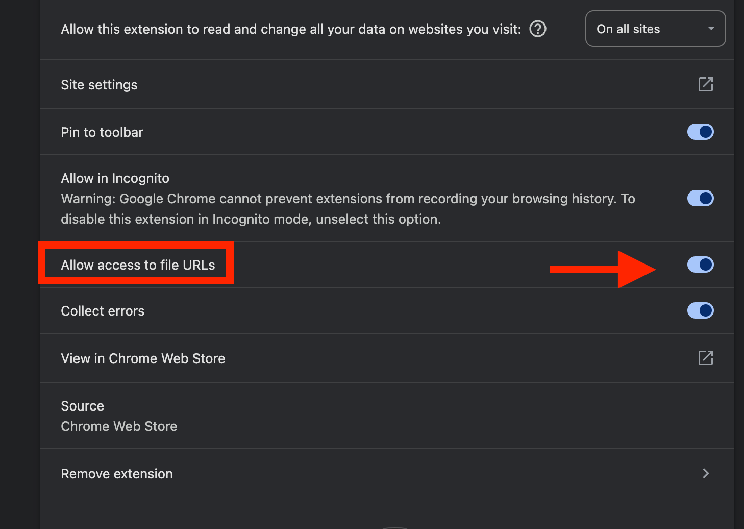 Extension settings with Allow access to file URLs toggle turned on