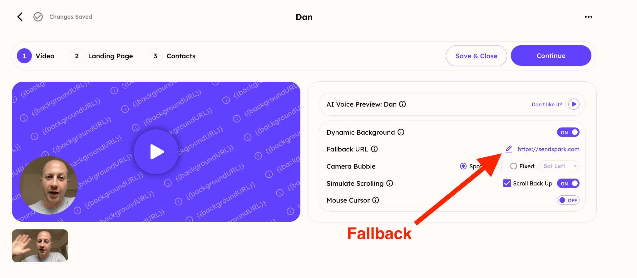 Arrow labeled Fallback pointing to the Fallback URL field in campaign Step 1
