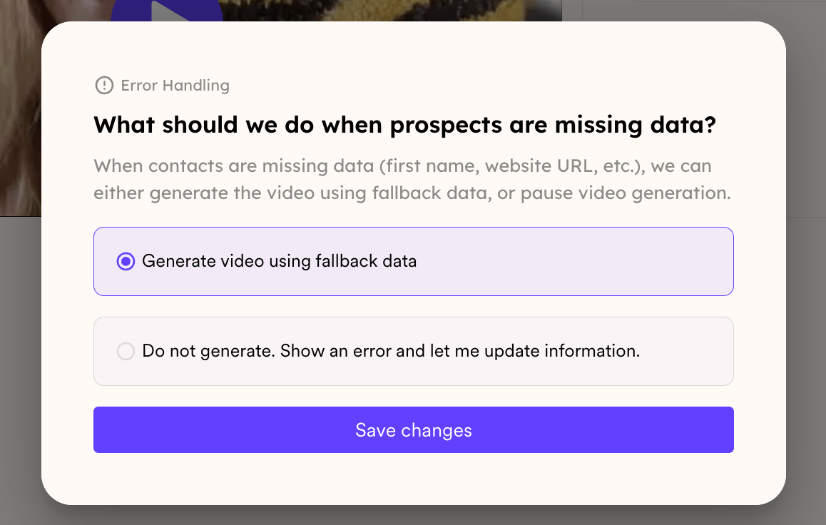 Error Handling modal with fallback data and do-not-generate radio options