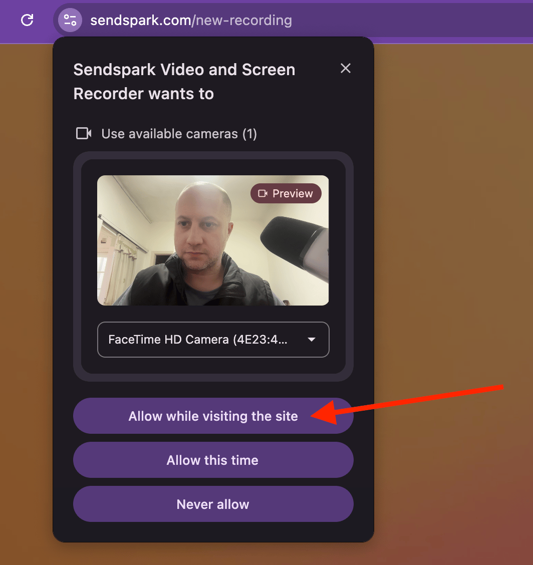 Chrome camera permission prompt with Allow while visiting highlighted