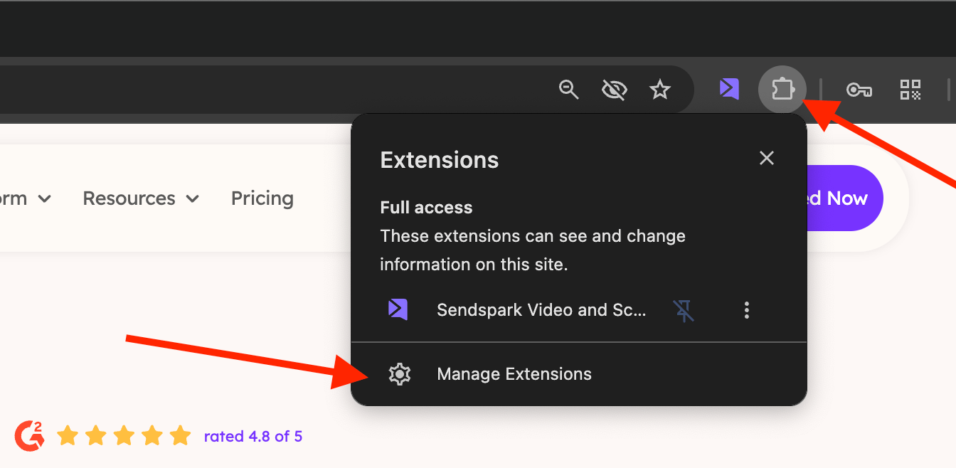 Chrome extensions menu with Manage Extensions option highlighted