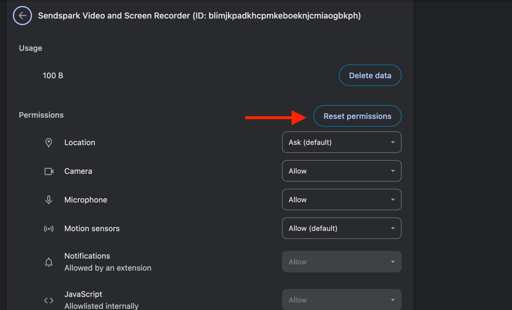 Site settings page with the Reset permissions button highlighted