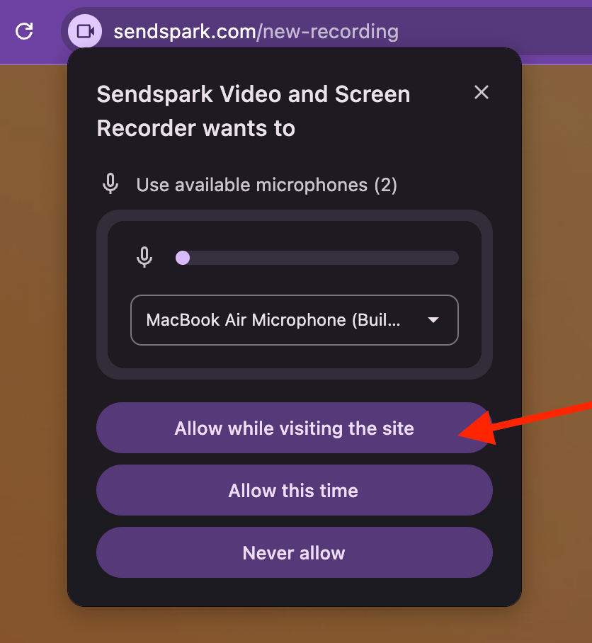 Chrome microphone permission prompt with Allow while visiting highlighted