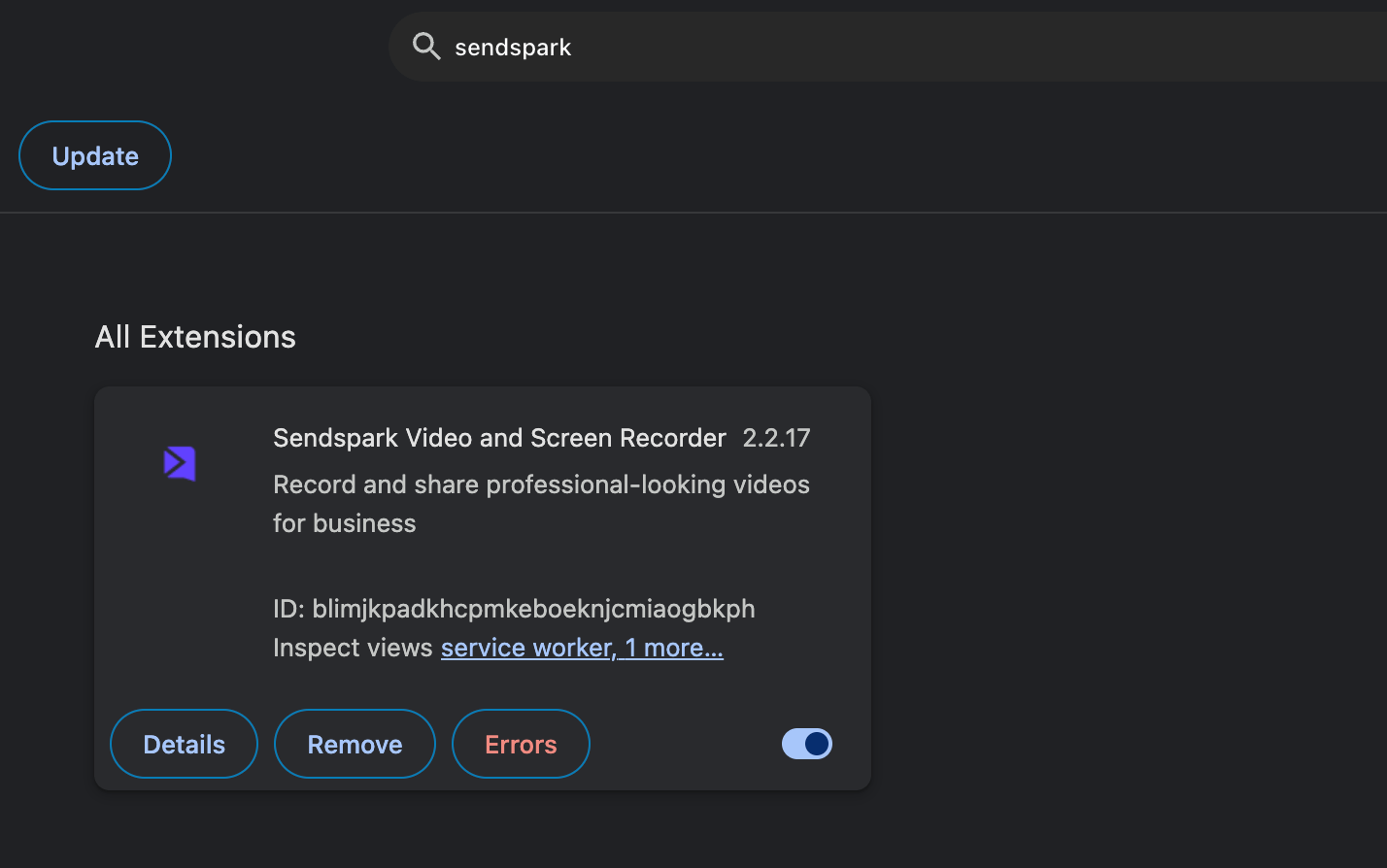 Sendspark extension card with Details button on extensions page