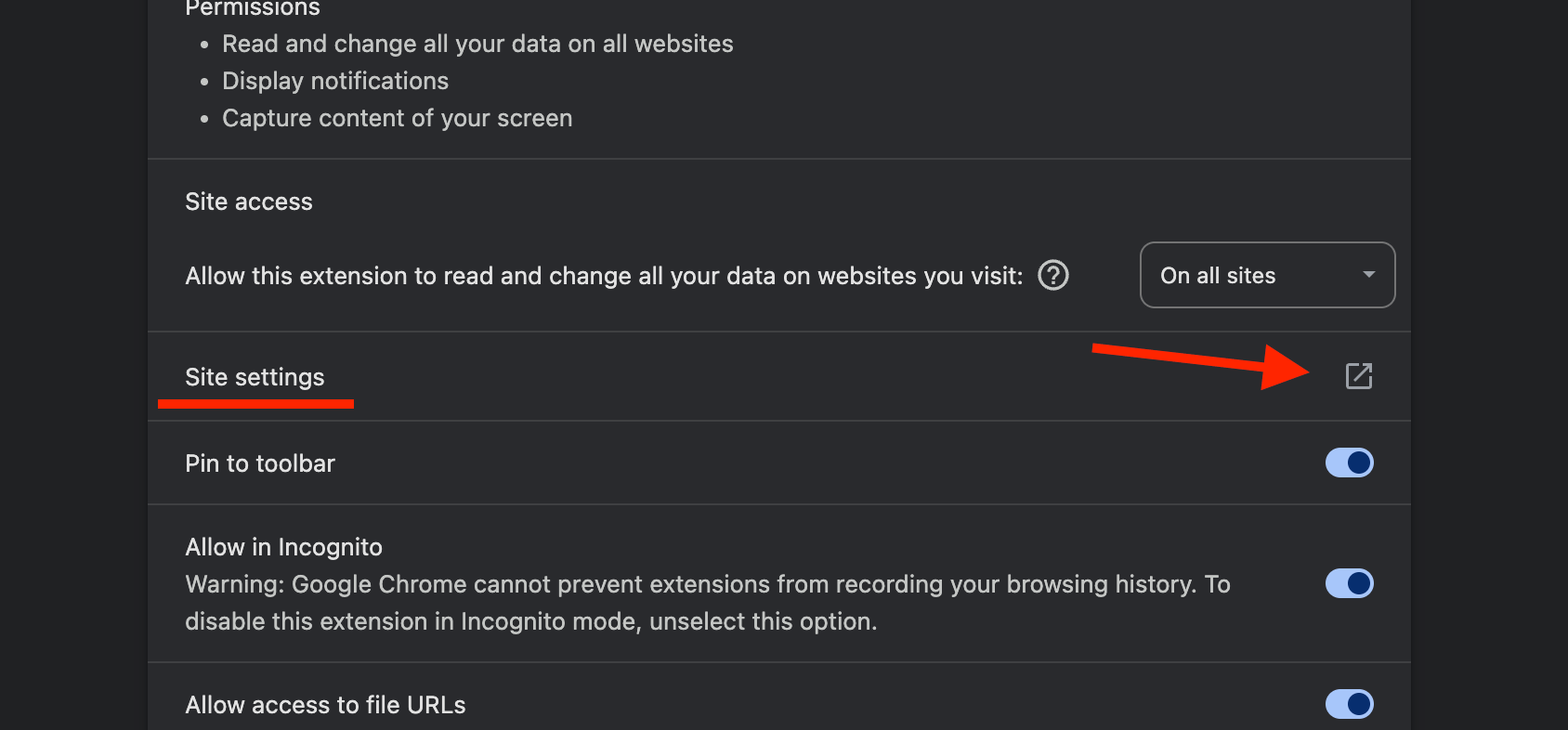 Extension details page with the Site settings row highlighted