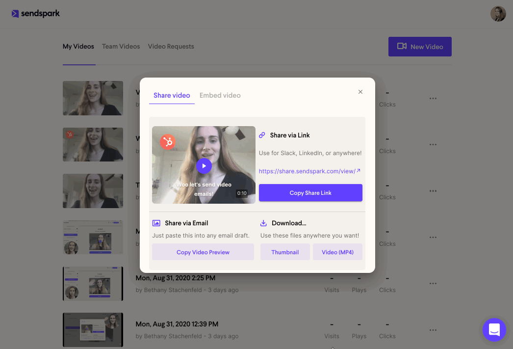 Sendspark video thumbnail download option in the sharing settings panel
