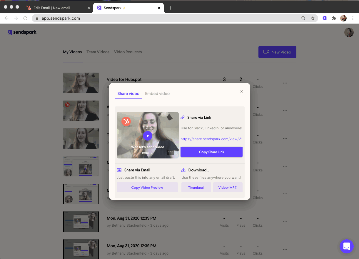 HubSpot email editor with video thumbnail image and link dialog open