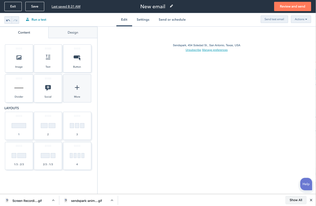 HubSpot email editor showing image block upload functionality for video thumbnail