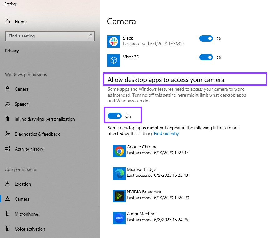 Camera settings in Windows