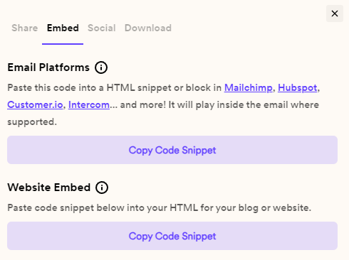 Embed tab on share modal