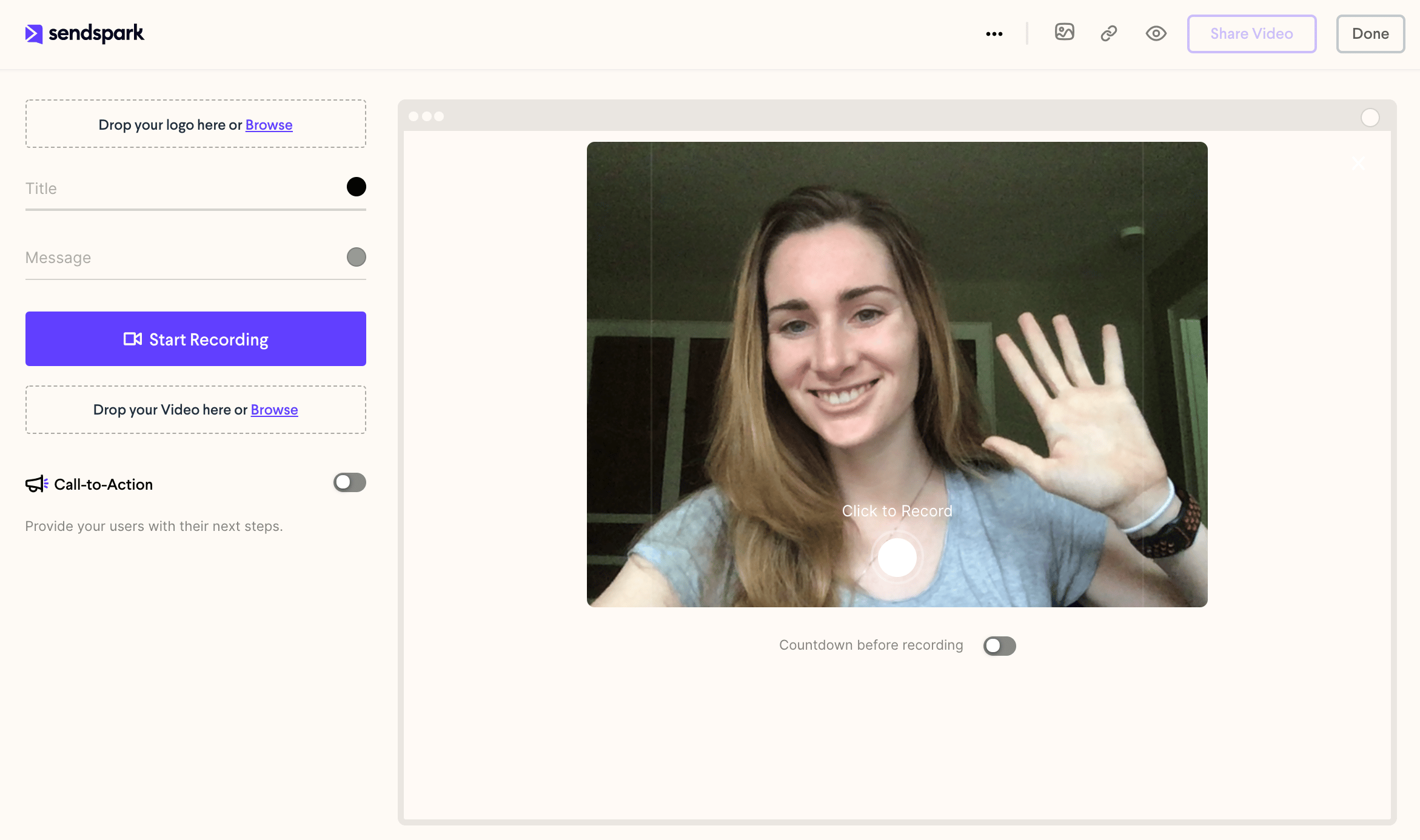 Sendspark video editor interface with a recorded or uploaded video ready to share