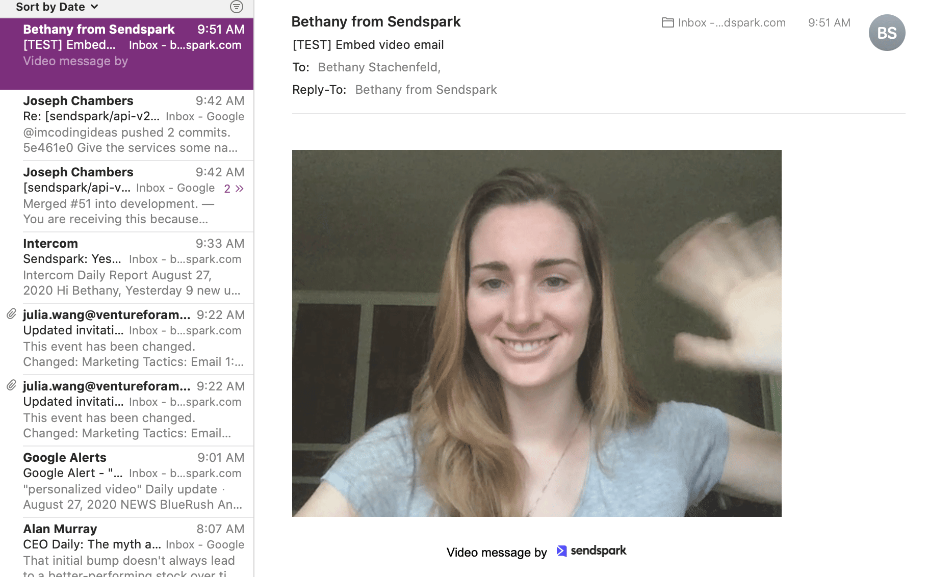 Final rendered Intercom email displaying embedded video in recipient inbox view