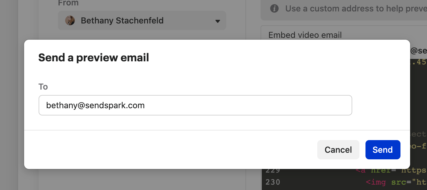 Intercom email test preview showing the embedded video with play button visible