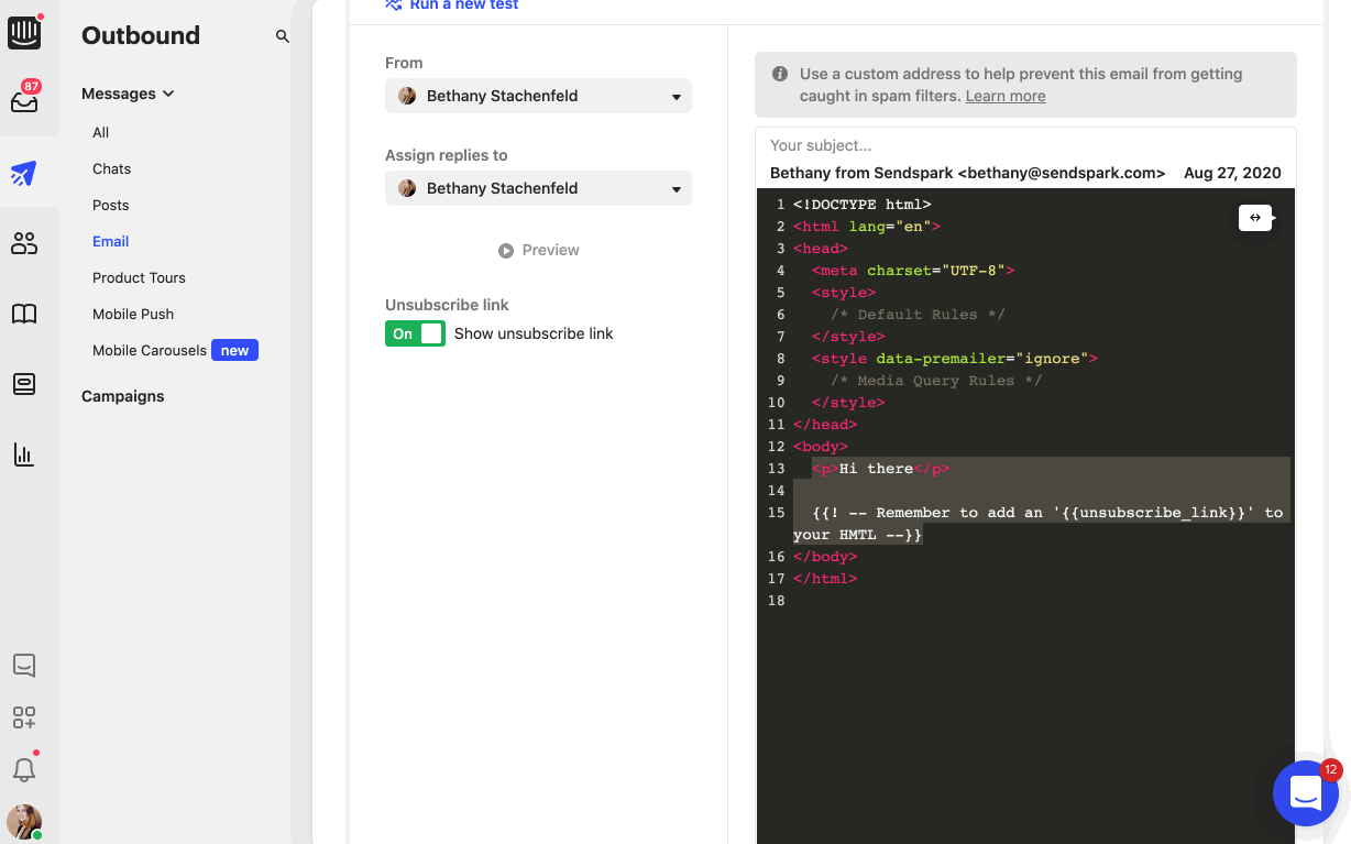 Intercom HTML editor with video embed code pasted into the email template