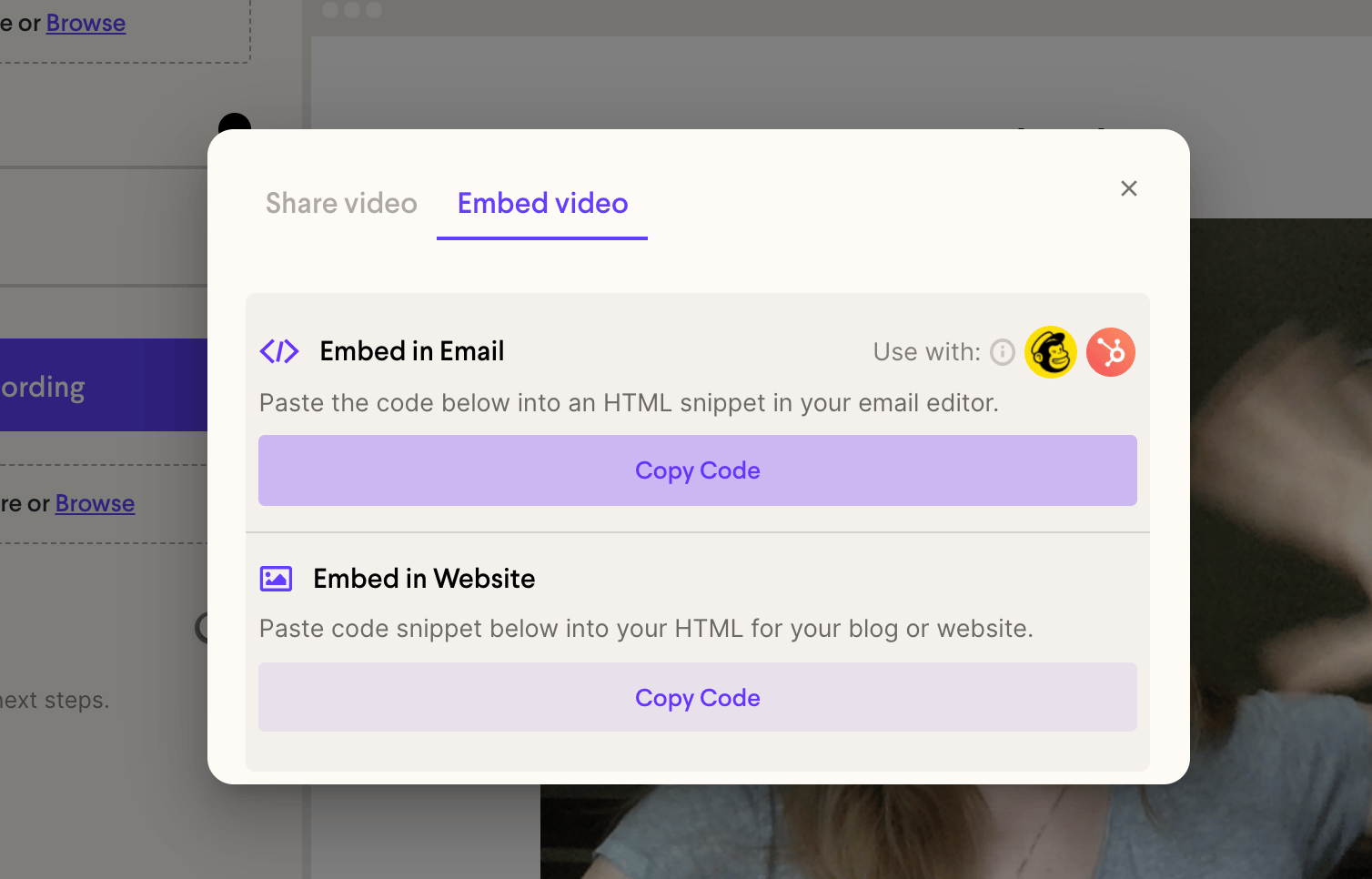 Sendspark share menu displaying Copy Email Embed Code option highlighted