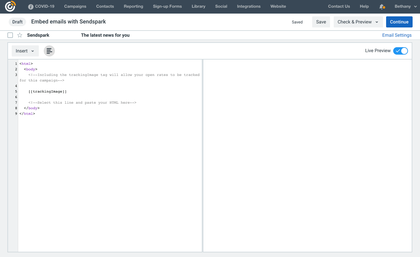 paste video email embed code into Constant Contact