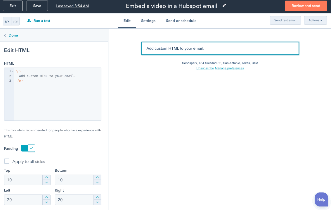 Hubspot email editor with embed code pasted into HTML block section