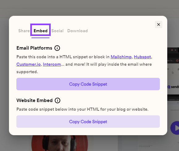 Email Platforms section highlighted with Copy Code Snippet button visible
