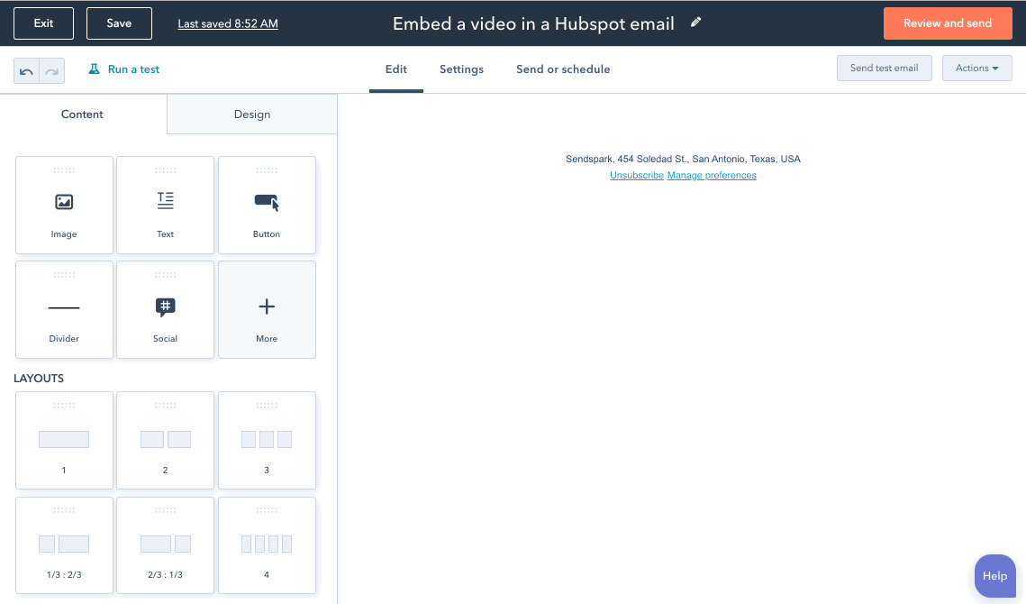 Hubspot email draft showing HTML block insertion menu or option