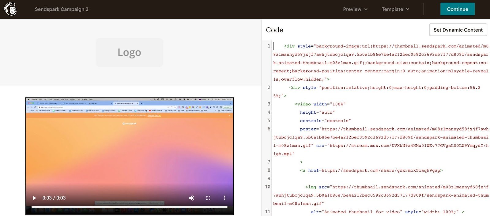 Mailchimp code block editor with pencil icon and paste area highlighted